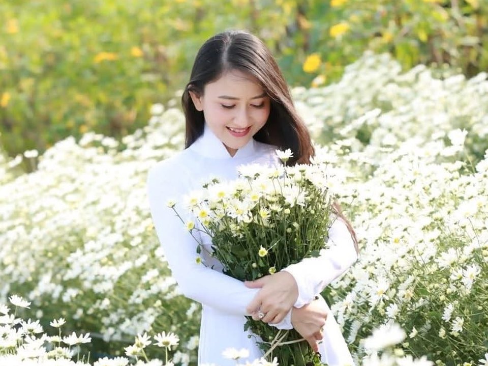 Trần Thùy Trang trong tà áo dài trắng bên vườn hoa cúc